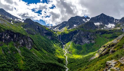 Obraz premium Majestic mountain valley with waterfall