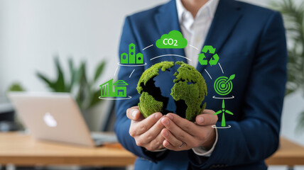Businessman holding green earth globe in hands with environment icons concept of ecology, environmental protection, and sustainable development