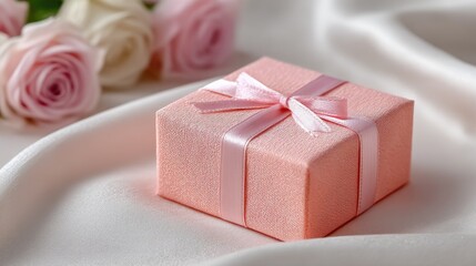 Macro Shot of a Small Orange Gift Box with Pink Ribbon on White Silk with Pink and White Roses in the Background