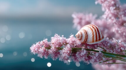 Macro Shot of a Snail Shell on Pink Flowers Against a Blue Bokeh Background in Natural Light