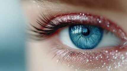 Macro Shot of a Striking Blue Human Eye with Glittery Makeup and Long Eyelashes Focusing on Medical Science and Ocular Anatomy