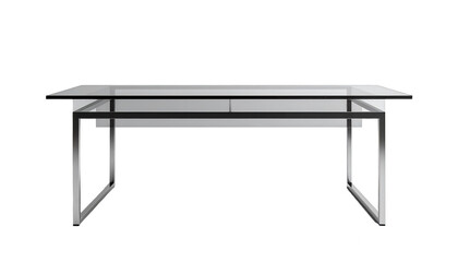 Sleek, modern table features a clear glass top and a polished chrome frame, creating a minimalist design against a stark black background.