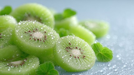 Macro Photography of Sliced Green Kiwi Fruit with Mint Leaves on Light Blue Background