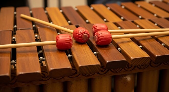 Wooden marimba instrument with rosewood bars and red mallets prepared - Powered by Adobe