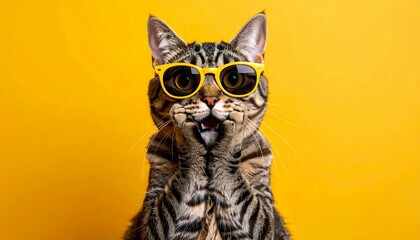 カラフルな背景とサングラスをかけた驚いた猫　生成AI