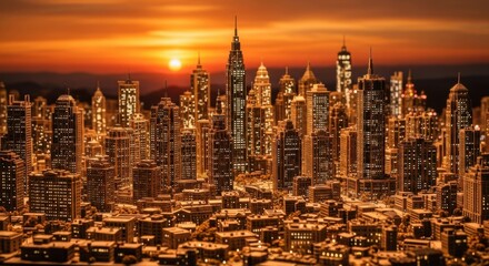 City Skyline at Sunset with Tall Skyscrapers and Warm Orange Light
