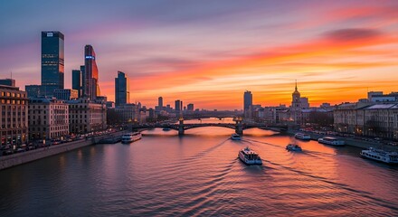 Fototapeta premium Vibrant cityscape view over river under radiant dawn twilight
