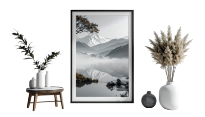 Displayed landscape artwork showcases a serene mountain lake scene, framed against a black background, complemented by decorative vases and dried floral arrangements to create an artistic and...