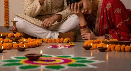Young Indian couple in traditional attire celebrating a festive occasion with vibrant marigold flowers, glowing oil lamps, and intricate rangoli patterns on the floor.