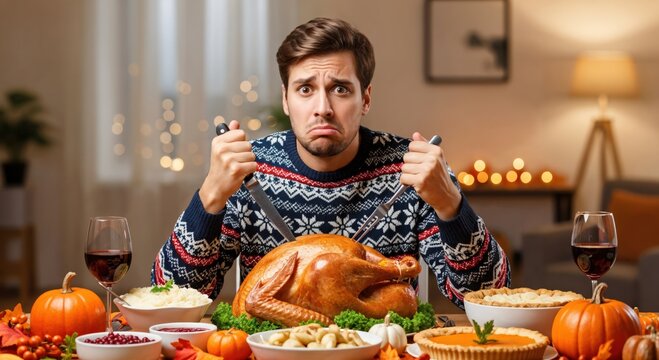 Young Caucasian man with a sad and overwhelmed expression holding carving utensils at a festive holiday dinner table with a roasted turkey and traditional dishes, feeling stressed.