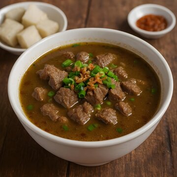 Rich and Aromatic Indonesian Beef Soup (Rawon or Soto Daging) with Diced Beef, Green Onion, Fried Shallots, and Rice Cakes on a White Bowl