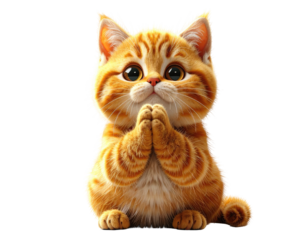 Cute ginger kitten, paws clasped in prayer