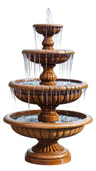 Ornate tiered fountain with cascading water.  A three-tiered fountain, featuring sculpted,  brown bowls,  shows water flowing down.  Icicles/water droplets hang from the edges