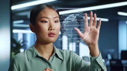 Asian businesswoman interacting with futuristic holographic globe, global network, digital transformation, modern office, technology innovation - Powered by Adobe