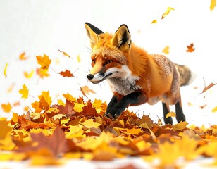 Fototapeta premium Fox Running Through Autumn Leaves with Falling Foliage
