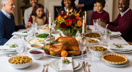 Multi-generational diverse family enjoying a festive Thanksgiving holiday dinner with a roasted turkey and traditional side dishes at a beautifully set table