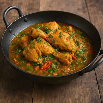 Rich Indonesian Red Chicken Curry (Gulai Ayam), Bone-in Chicken Thighs Simmered in a Thick, Spicy Coconut Milk Broth, Served in a Black Wok with Cilantro