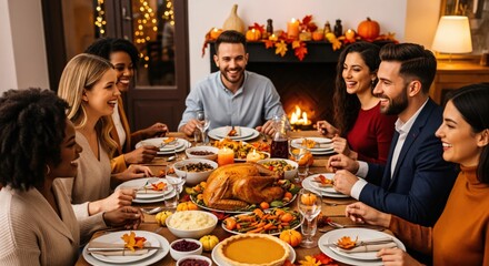 Happy diverse group of adult friends and family enjoying a festive Thanksgiving dinner together at a beautifully decorated dining table with a roasted turkey, pumpkin pie, and autumn decor.