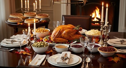 A festive holiday dinner table set with a golden roasted turkey, various side dishes, and pies, illuminated by candlelight with a cozy fireplace in the background.