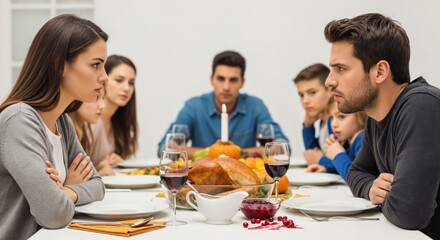 Young adult couple with serious expressions at a family holiday dinner table, surrounded by concerned relatives during a tense meal.