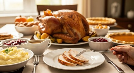 Delicious roasted turkey dinner with all the trimmings, including mashed potatoes, cranberry sauce, and pumpkin pie, served on a festive holiday table.
