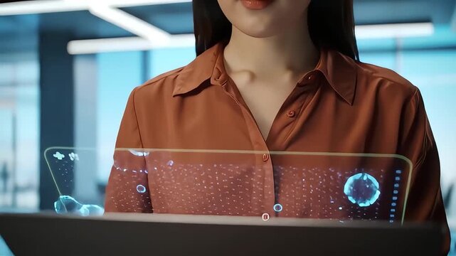 Innovative businesswoman using transparent display for dynamic data analysis in modern office, exploring future technology with digital interface - Powered by Adobe