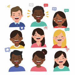 Flat Cartoon Diverse People Laughing with Social Media Communication Elements