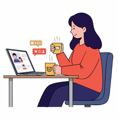 Flat Illustration of Young Woman Enjoying Online Dating with Coffee Break