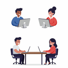 Flat Style Detailed People Using Computer at Desk Illustration