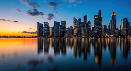 Fototapeta premium Modern City Skyline at Sunset with Reflective Water and Illuminated Skyscrapers
