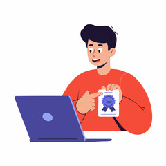 Cartoon Man Showing Certificate of Achievement Through Laptop Education Illustration
