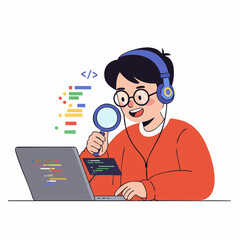 Flat Illustration Young Programmer Coding and Debugging with Laptop Device