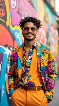 Stylish man with sunglasses poses against colorful graffiti wall in bold orange suit and vibrant floral pattern jacket, portrait