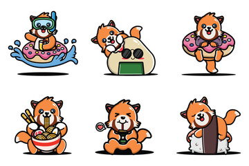Cute red panda cartoon mascot with food and fun activities, kawaii animal vector set