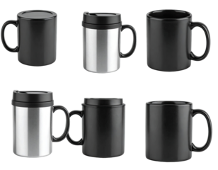 Six insulated mugs, three black and three stainless steel, presented in a grid layout.  Each mug has a lid and handle