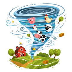 Cartoon Tornado Sweeping Farm Animals and Debris Above a Red Barn