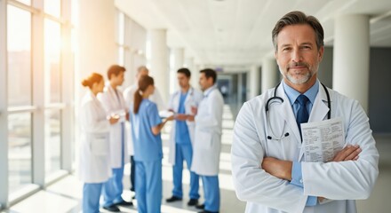 Confident middle-aged male doctor with stethoscope and medical document standing in a bright hospital corridor with a blurred team of healthcare professionals in the background.