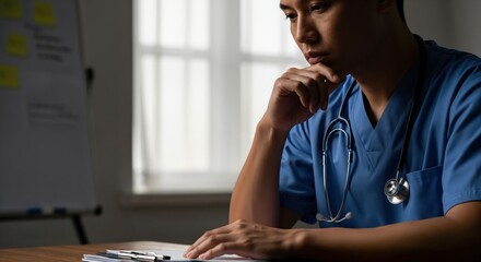 Pensive young Asian man in blue medical scrubs and stethoscope, deep in thought, reviewing documents in a healthcare setting.