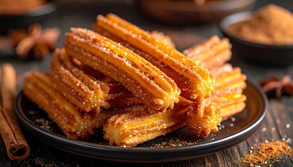 Close-up shot of a stack of fried dough pastries, dusted with sugar and spices, arranged on a plate, beside cinnamon sticks