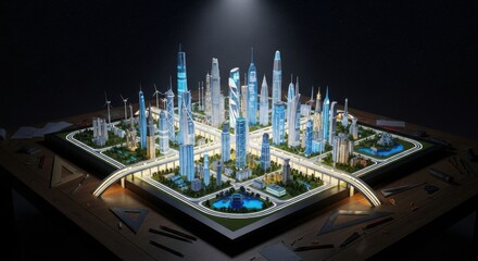 Futuristic Cityscape Model with Skyscrapers and Bright Lights in Dark Setting