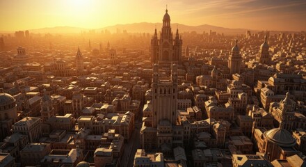 Cityscape of Historic Urban Skyline with Tall Tower at Sunset