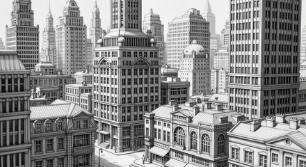 Black and White Cityscape Illustration of Skyscrapers and Historic Buildings in Urban Setting