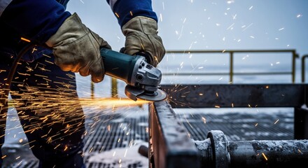Industrial worker in protective gloves operating an angle grinder on a metal beam, generating a shower of bright sparks during the metalworking process.