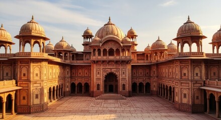 Historic Red Sandstone Palace with Domed Towers and Arched Entrances in Warm Sunset Light