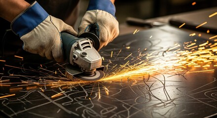 Close-up of a worker's gloved hands operating an angle grinder, creating a shower of bright sparks while shaping metal in a workshop environment.