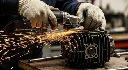 Close-up of a skilled worker's hands in protective gloves using an angle grinder to meticulously grind a metal engine part, producing a vibrant shower of sparks in a workshop environment.