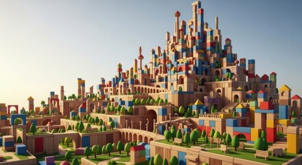 Colorful Wooden Toy Castle on Green Landscape with Blue Sky