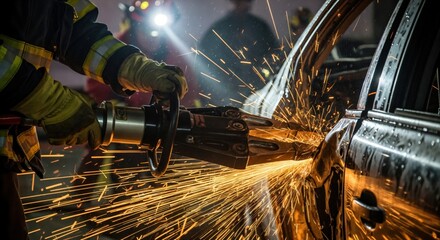 Firefighter using hydraulic rescue tool to cut a car door during an emergency operation, creating a shower of bright sparks.