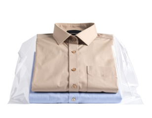 Beige and blue dress shirts in clear plastic bag