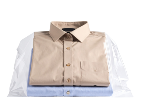 Beige and blue dress shirts in clear plastic bag